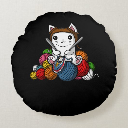 Cat Yarn Knitting Cute Kitten Pet Rond Kussen (Voorkant)