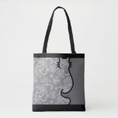  Cat Zwart en Grijs Bloemen Kant Uitgesneden Tote Bag (Voorkant)