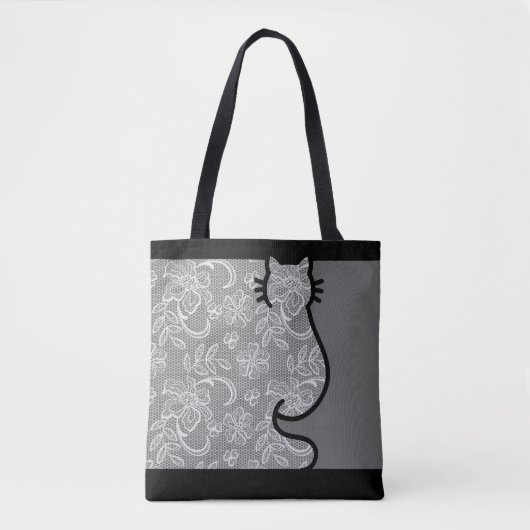  Cat Zwart en Grijs Bloemen Kant Uitgesneden Tote Bag (Voorkant)