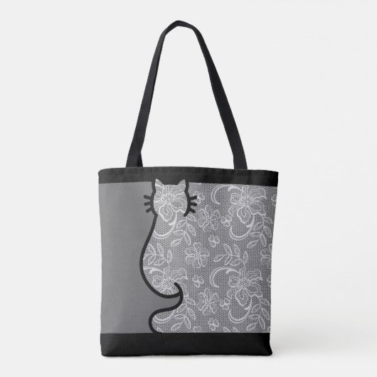  Cat Zwart en Grijs Bloemen Kant Uitgesneden Tote Bag (Achterkant)