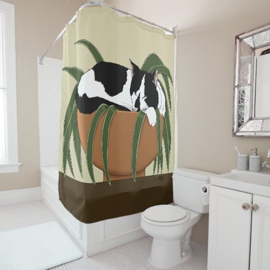 Cat Zwart Wit Plant Grappig Douchegordijn (In situ)