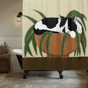 Cat Zwart Wit Plant Grappig Douchegordijn
