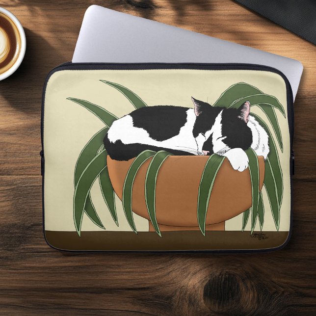 Cat Zwart Wit Plant Grappig Laptop Sleeve (Creator heeft geüpload)