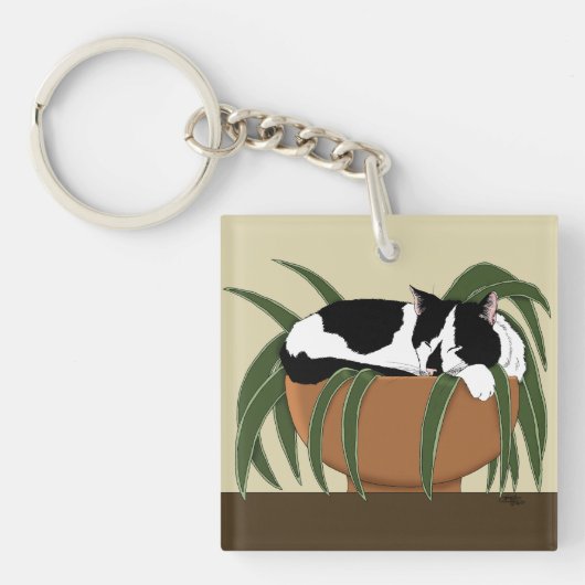Cat Zwart Wit Plant Grappig Sleutelhanger (Voorkant)