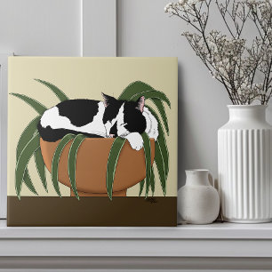 Cat Zwart Wit Plant Grappig Tegeltje
