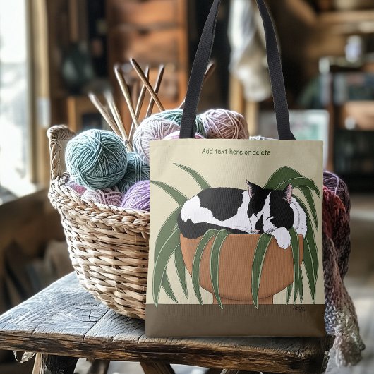 Cat Zwart Wit Plant Grappig Tote Bag