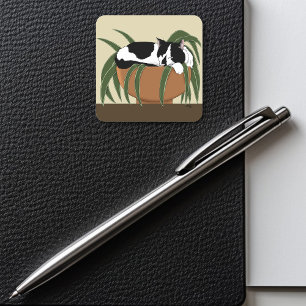 Cat Zwart Wit Plant Grappig Vierkante Sticker
