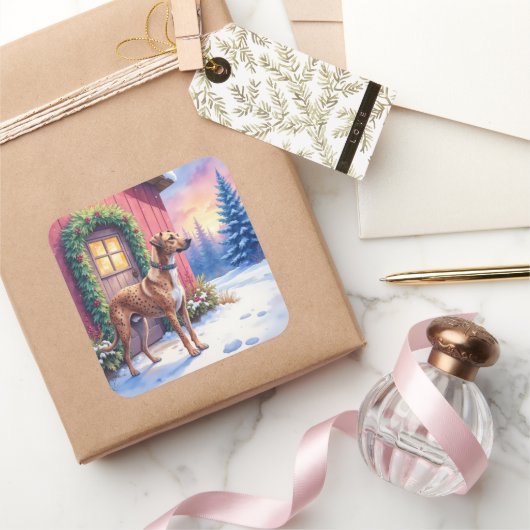 Catahoula Leopard Dog Rustic Barn Christmas Art Vierkante Sticker (Geschenken)