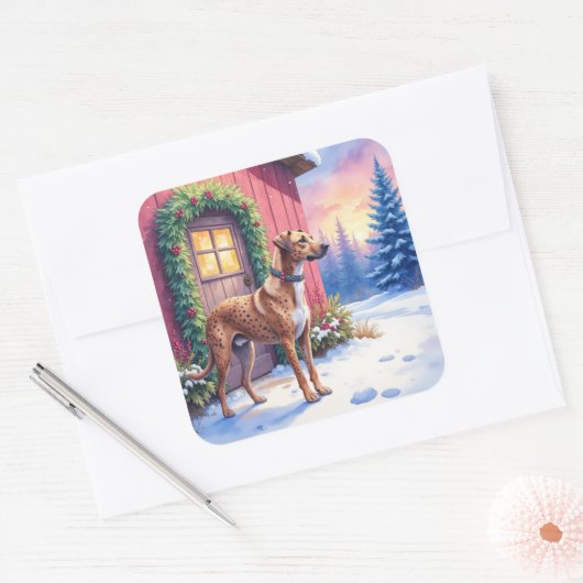 Catahoula Leopard Dog Rustic Barn Christmas Art Vierkante Sticker (Envelop)