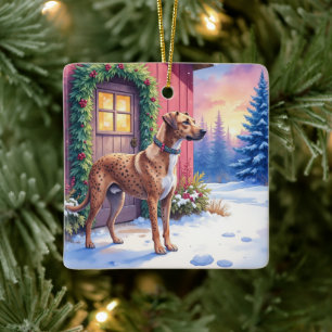 Catahoula Luipaardhond Rustieke Schuur Kerst Kunst Keramisch Ornament