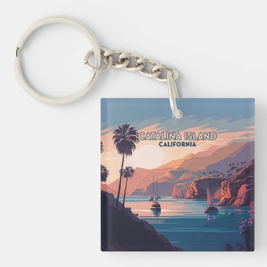 Catalina Island California Boats Sunset Retro Sleutelhanger (Voorkant)