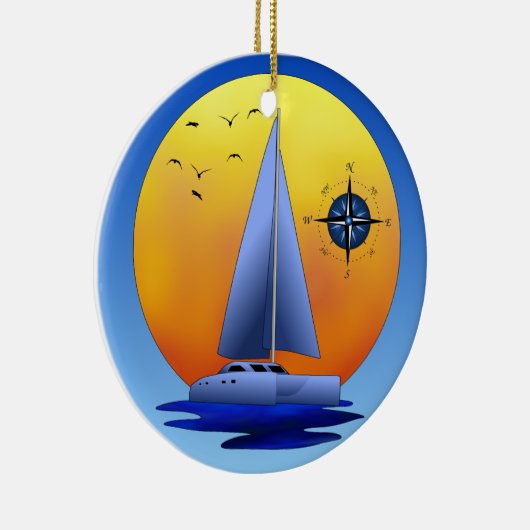 Catamaraanse zeilboot en Roos van kompas Keramisch Ornament (Rechts)