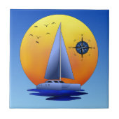 Catamaraanse zeilboot en Roos van kompas Tegeltje (Voorkant)