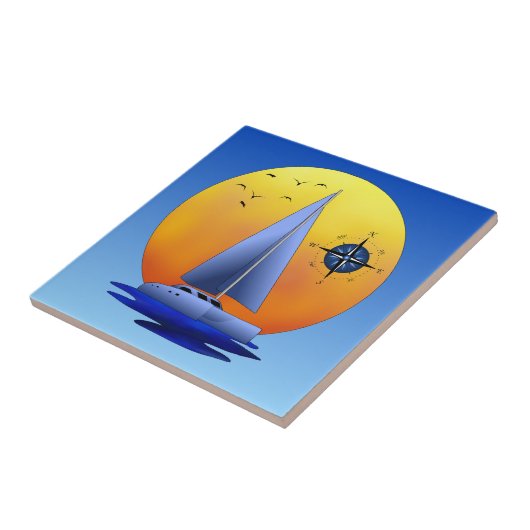 Catamaraanse zeilboot en Roos van kompas Tegeltje (Zijkant)