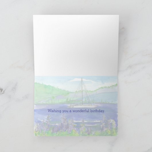 Catamaran Mountain Lake Waterverf Happy Birthday Kaart (Binnen)