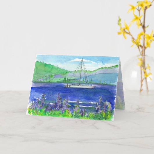Catamaran Mountain Lake Waterverf Happy Birthday Kaart (Gele Bloem)