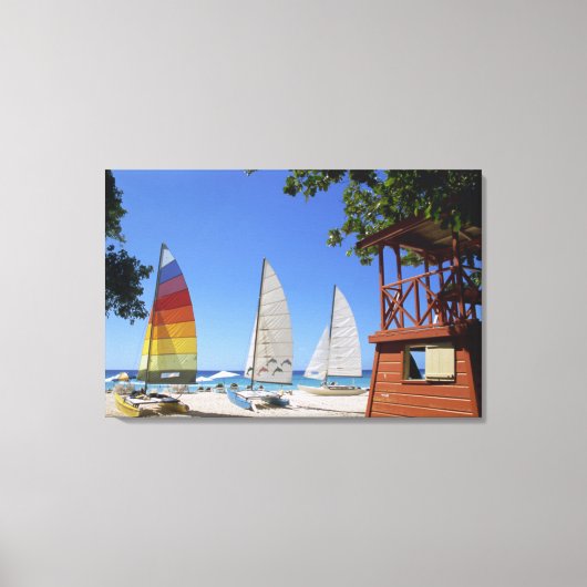 Catamaranen en reddingsboten op strand canvas afdruk (Voorkant)