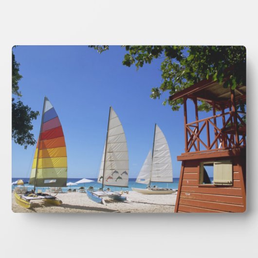 Catamaranen en reddingsboten op strand fotoplaat (voorkant)