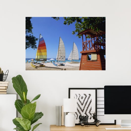 Catamaranen en reddingsboten op strand poster (Thuiskantoor)