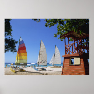 Catamaranen en reddingsboten op strand poster