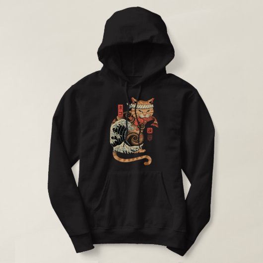Catana Wave Cat Tattooed Samurai Cat Japanse kunst Hoodie (Design voorkant)