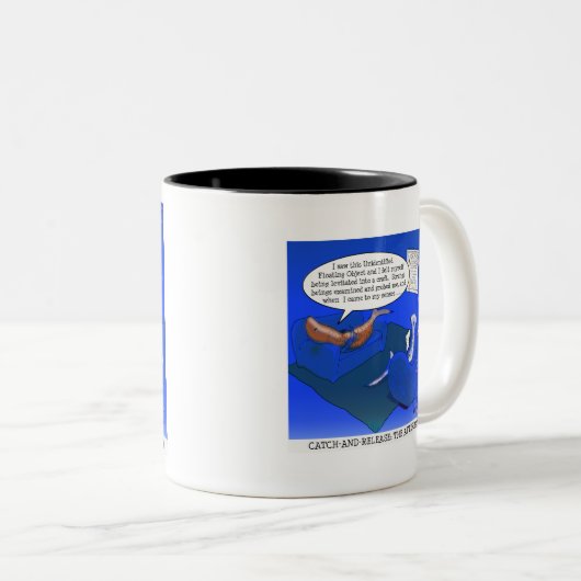 catch-release-Cartoon Tweekleurige Koffiemok (Voorkant rechts)