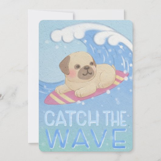 Catch the Wave: Pug Surfer Illustratie Bedankkaart (Voorkant)