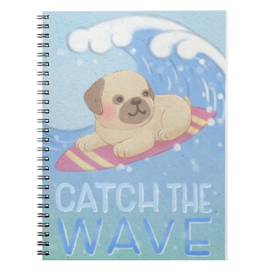 Catch the Wave: Pug Surfer Illustratie Notitieboek (Voorkant)