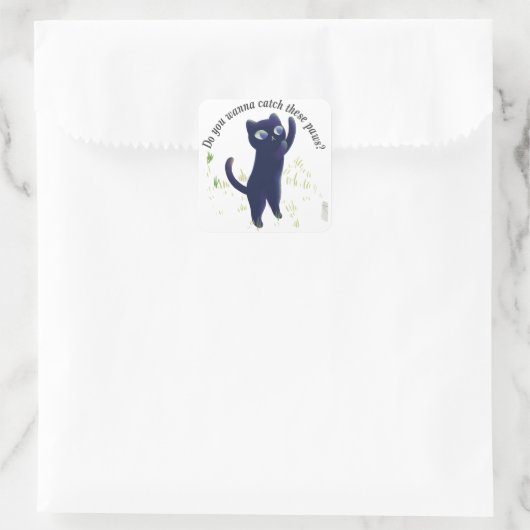 Catch These Paws – Playful Midnight Kitty Vierkante Sticker (Tas)