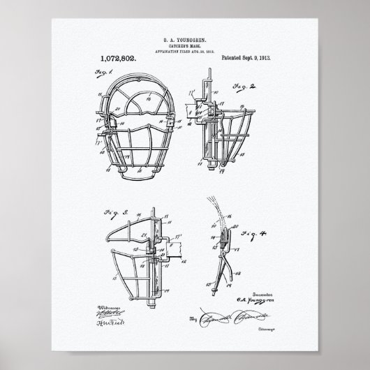 Catcher's Mask 1913 Patent Art White Paper Poster (Voorkant)