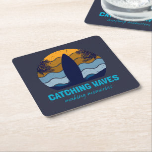 Catching Waves Retro Surfboard Strandkunst Kartonnen Onderzetters