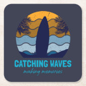 Catching Waves Retro Surfboard Strandkunst Kartonnen Onderzetters (Voorkant)
