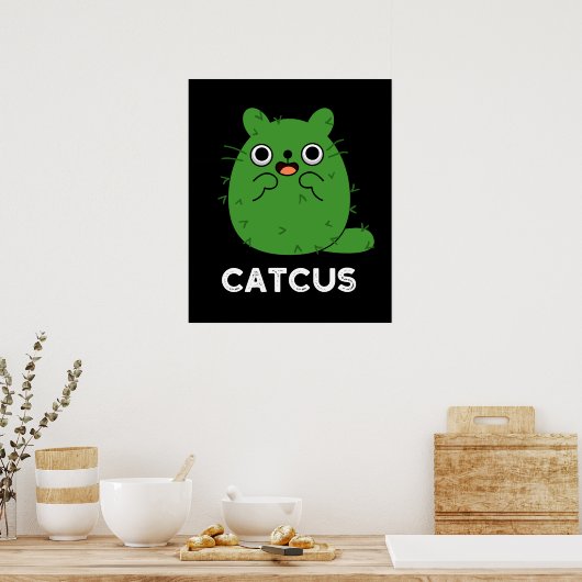 Catcus Funny Cat Cactus Pun Dark BG Poster (Keuken)