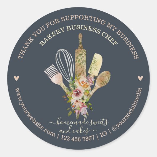 Catering Bakkerij Chef Rustic Eucalyptus navy boho Ronde Sticker (Voorkant)