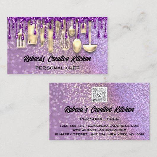 Catering Personal Chef Restaurant QR Code Paars Visitekaartje (Voorkant / Achterkant)