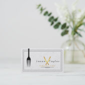 Catering Retro Stone White Chef Gold Mes gekruist Visitekaartje (Staand voorkant)