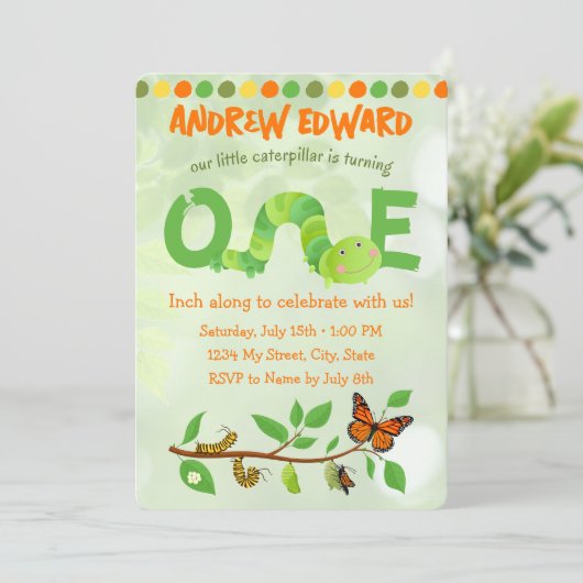 Caterpillar 1e Verjaardag uitnodiging (Staand voorkant)