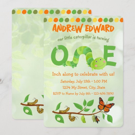 Caterpillar 1e Verjaardag uitnodiging (Voorkant / Achterkant)