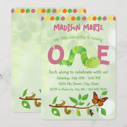 Caterpillar 1e Verjaardag uitnodiging (Voorkant / Achterkant)