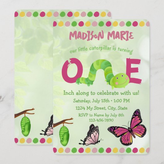 Caterpillar 1e Verjaardag uitnodiging (Voorkant / Achterkant)