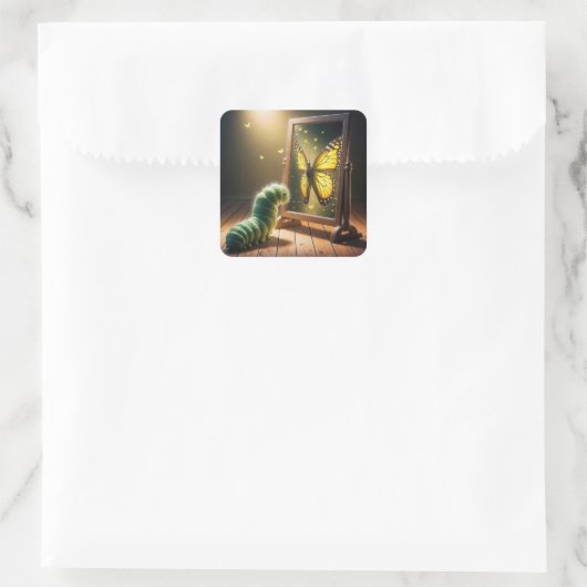 Caterpillar Looking At a Butterfly In a Mirror Vierkante Sticker (Tas)