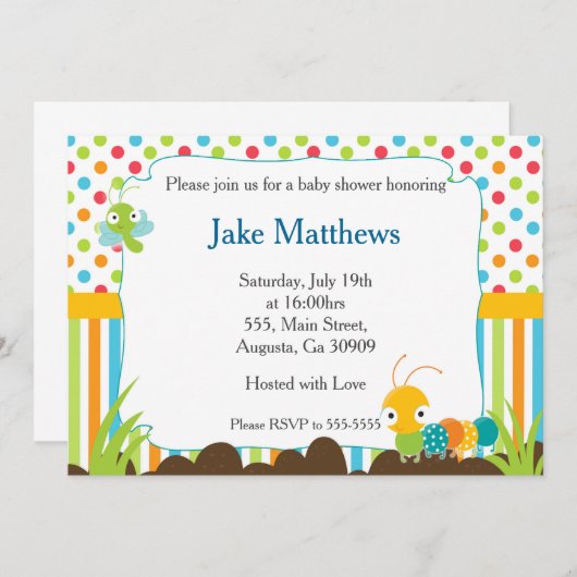 Caterpillar Uitnodiging Baby Boy Douche Bugs (Voorkant / Achterkant)