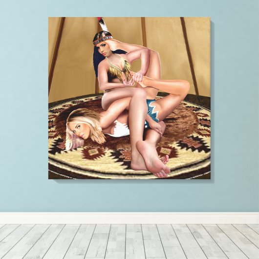 CATFIGHT IN A TEEPEE CANVAS AFDRUK (Insitu (Houten vloer))