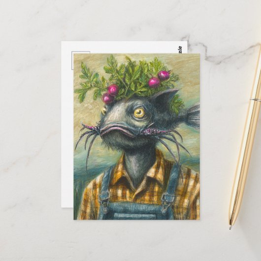 Catfish Gardener Surreal Briefkaart (Voorkant / Achterkant in situ)