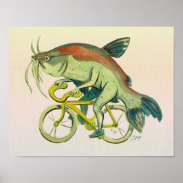Catfish Rijden op een fiets Warme achtergrond Poster