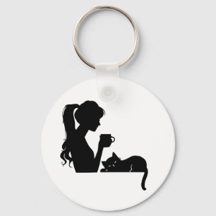 Catful Coffee Girl & Cat Silhouette Sleutelhanger