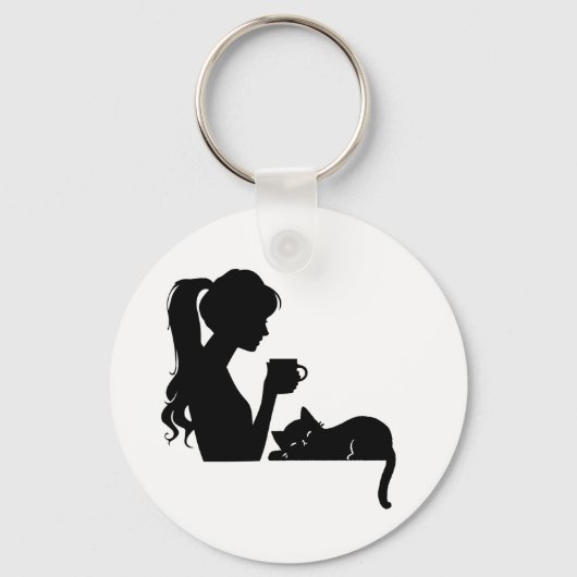 Catful Coffee Girl & Cat Silhouette Sleutelhanger (Voorkant)