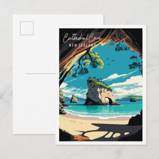 Cathedral Cove Nieuw-Zeeland vintage reizen Briefkaart (Voorkant / Achterkant)