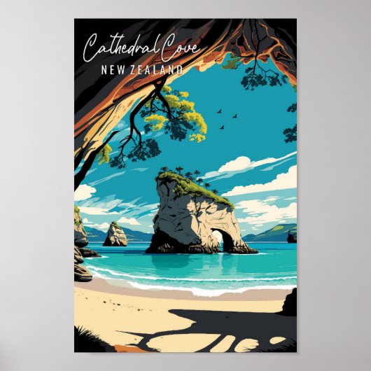 Cathedral Cove Nieuw-Zeeland vintage reizen Poster (Voorkant)