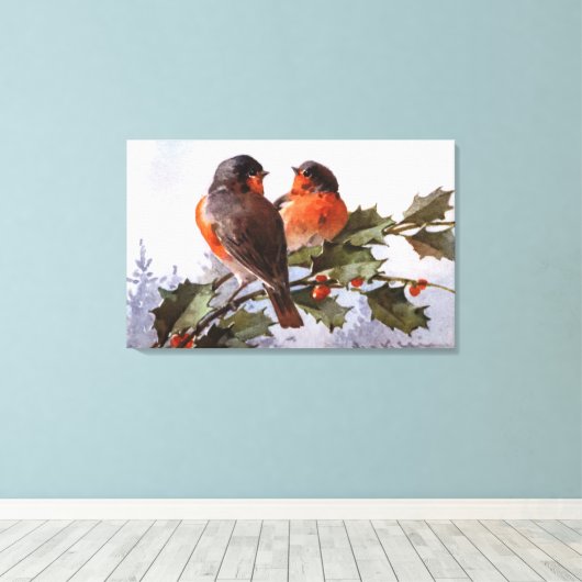 Catherine Klein: Robins op Holly Canvas Afdruk (Insitu (Houten vloer))